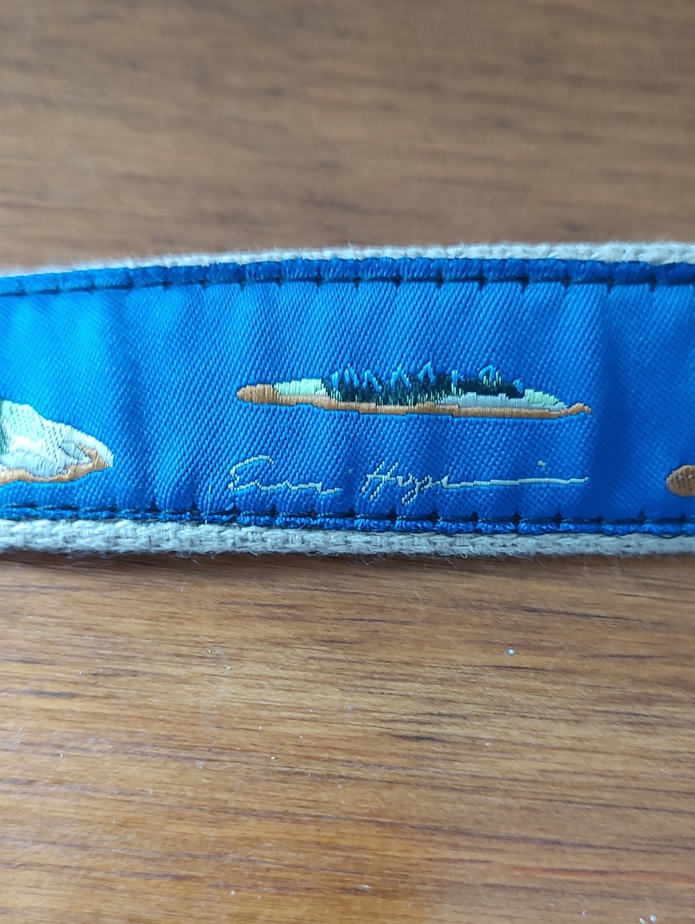 Belted Cow Company Blue Embroidered Canvas Belt with Island Motif. Medium